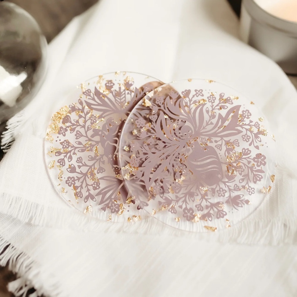 Foul Lady Fortune Coasters Mauve Gold‎ Foil Acrylic Set of 2
